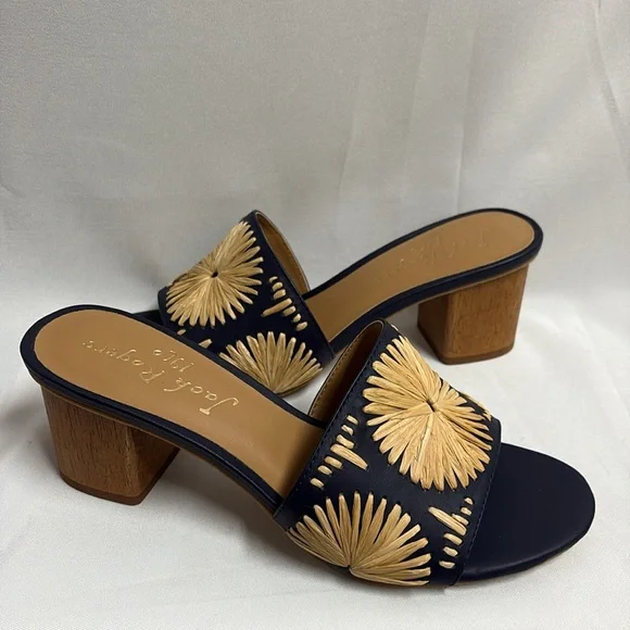Jack Rogers Bettina Rattan Starburst Block Heel Navy Tan Size 7.5 New - Picture 2 of 6